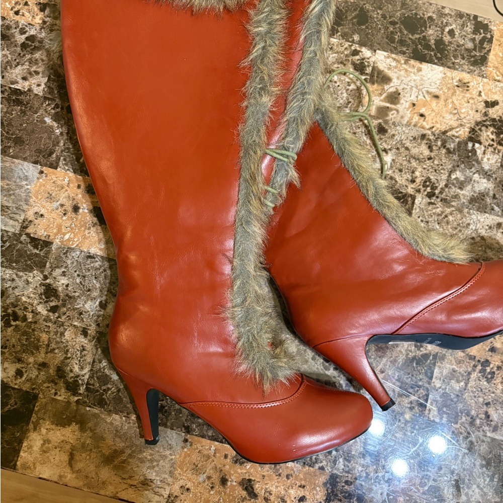 Orange and Gray Lace Up Boots with Fur Trim